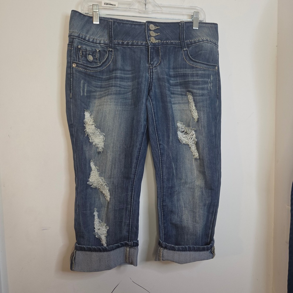 Almost Famous Womens Distressed Denim Capris Blue Medium Wash Size 11 Cuffed